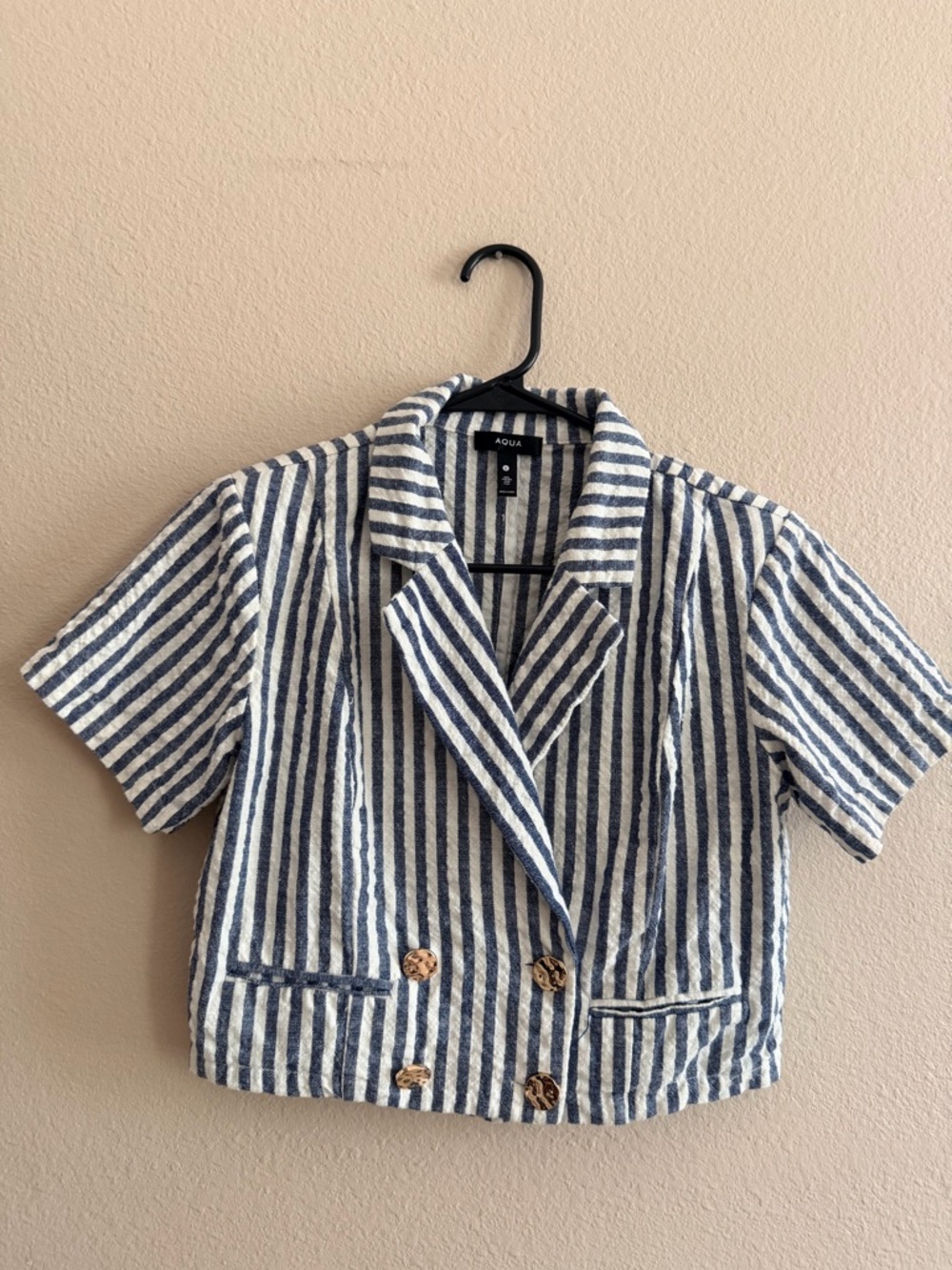 Aqua Seersucker Cropped Striped Jacket